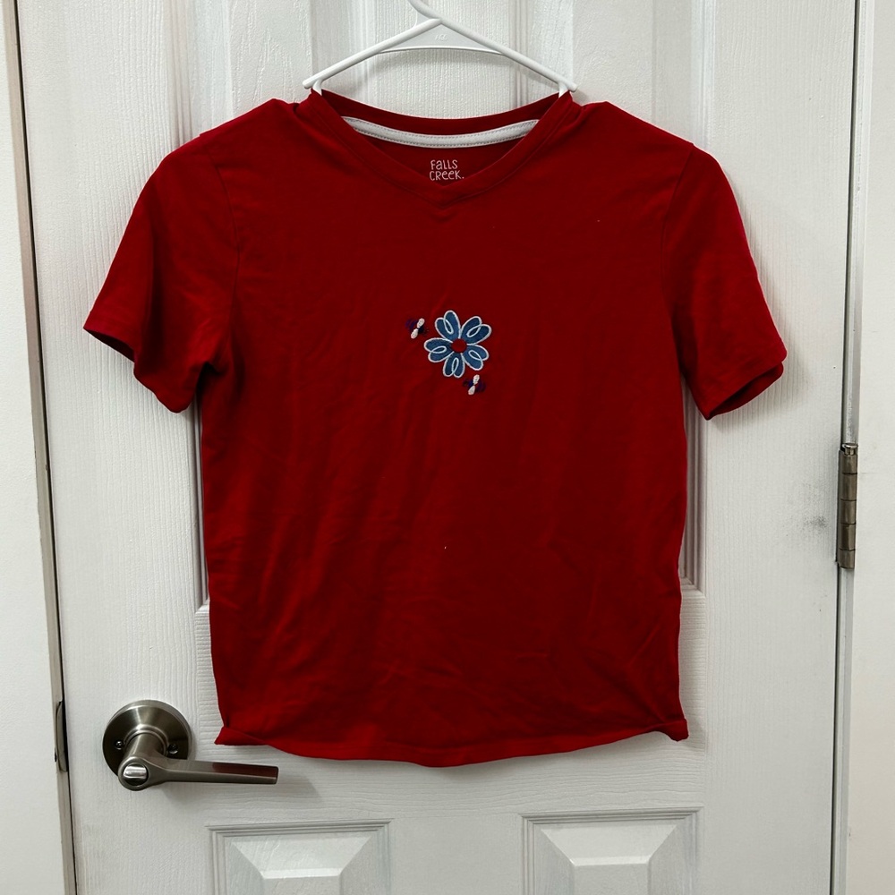 Falls Creek Red Kids Tee with Blue Floral Accent